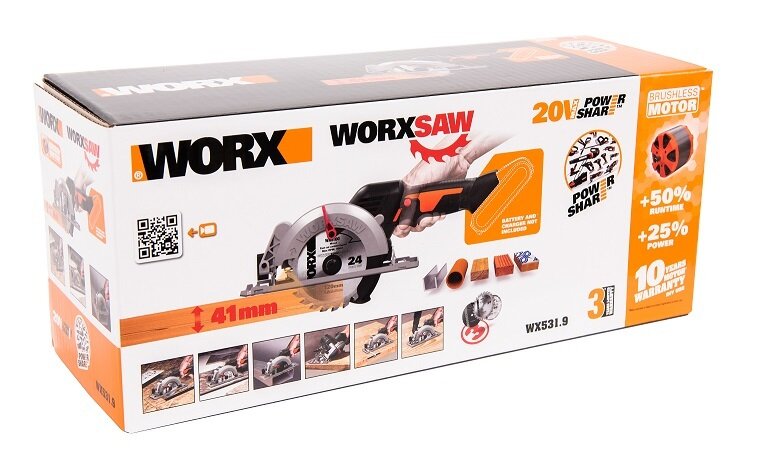 Циркулярная мини-пила аккумуляторная бесщеточная 120 мм 20В WORX worxsaw WX531.9, без АКБ и ЗУ - фотография № 9