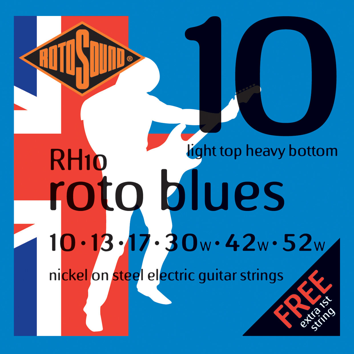 ROTOSOUND RH10 STRINGS NICKEL LIGHT TOP/HEAVY BOTTOM струны для электрогитары, никелевое покрытие, 10-52