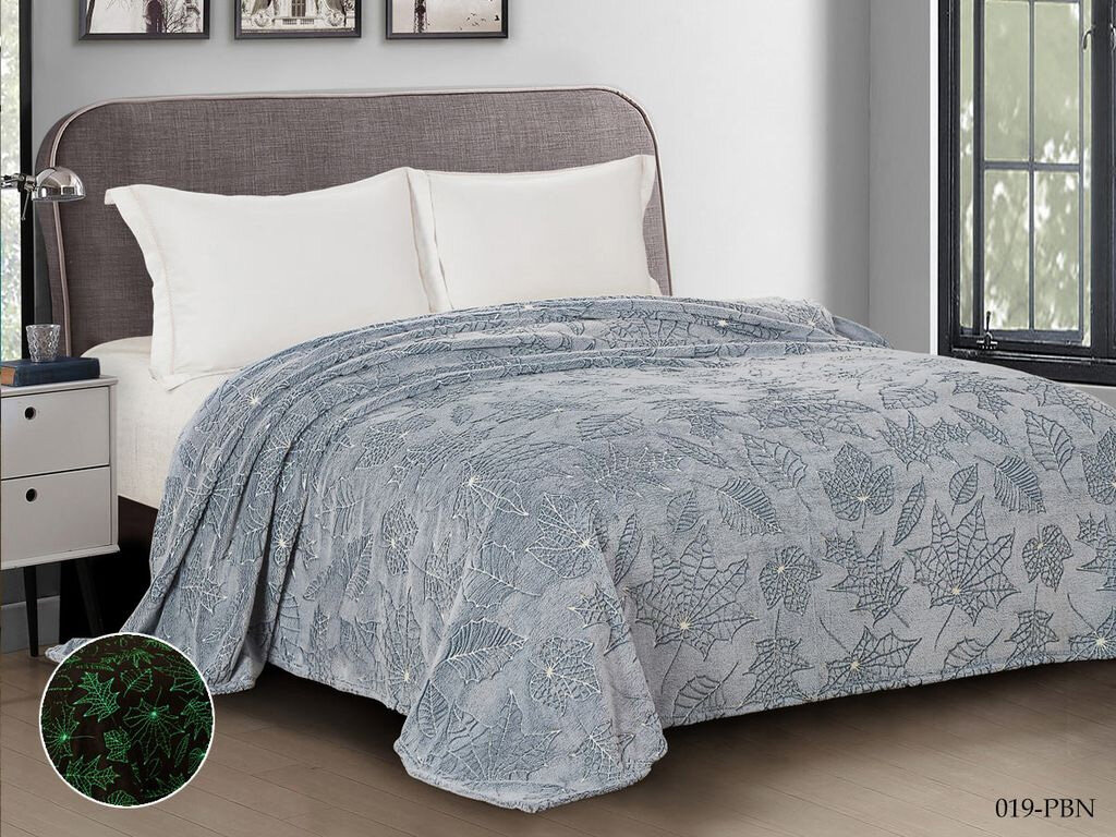 Плед светящийся в темноте 200х220 евро Cleo Бамбук Неон однотонный серый покрывало на кровать и диван пушистый с рисунком флисовый велсофт