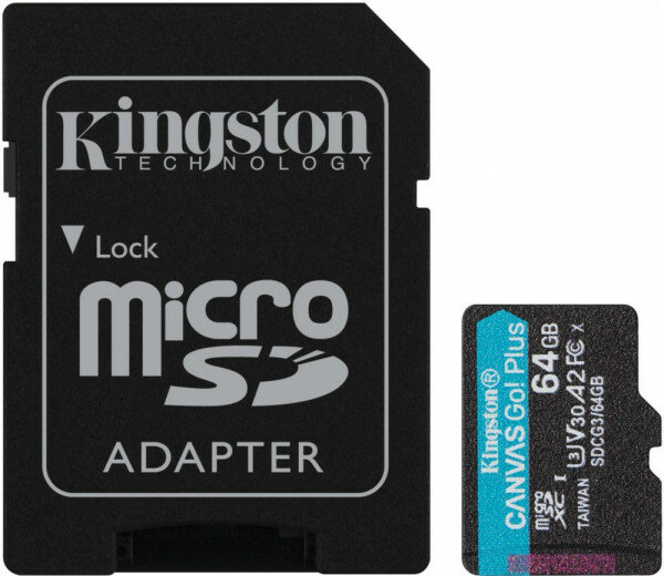 Карта памяти Kingston microSD 64GB microSDXC Class 10 UHS-I U3 V30, A2 Canvas Go Plus SDCG3/64GB
