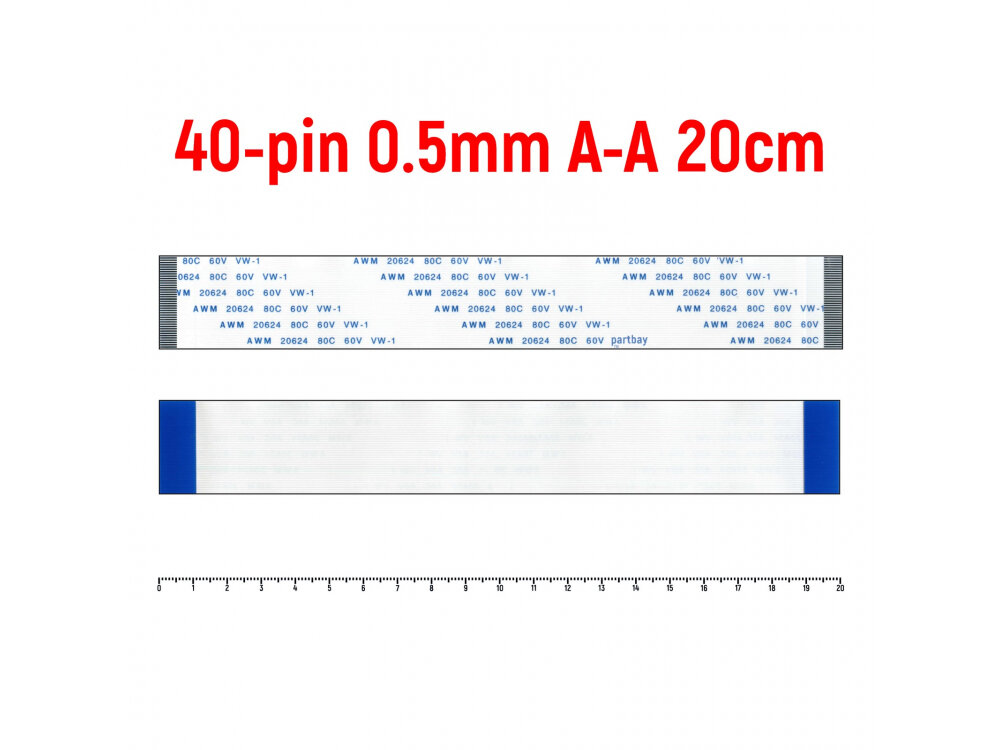 Шлейф FFC 40-pin Шаг 0.5mm Длина 20cm Прямой A-A AWM 20624 80C 60V VW-1