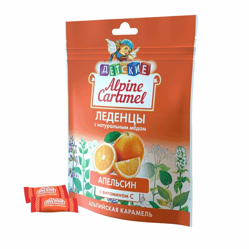 Альпийская карамель Леденцы дет. с натуральным медом и витамином С уп.75г №1 Апельсин