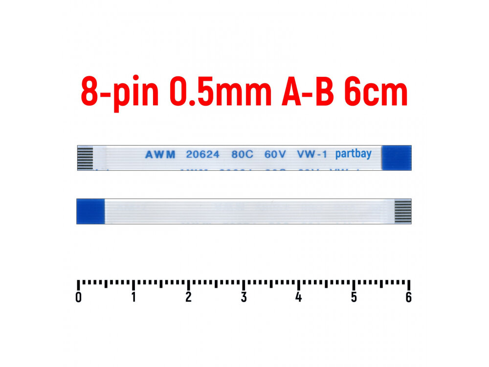 Шлейф FFC 8-pin Шаг 0.5mm Длина 6cm Обратный A-B AWM 20624 80C 60V VW-1