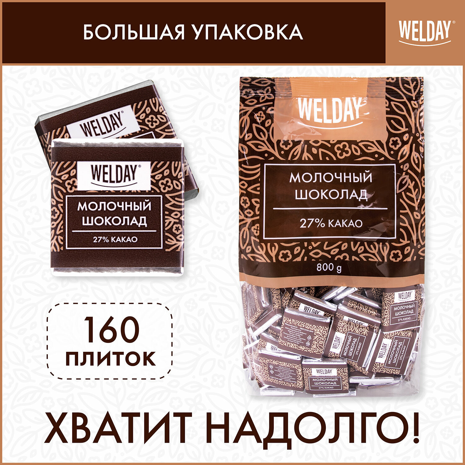 Шоколад порционный WELDAY "Молочный 27%", 800 г (160 плиток по 5 г), пакет - фотография № 3
