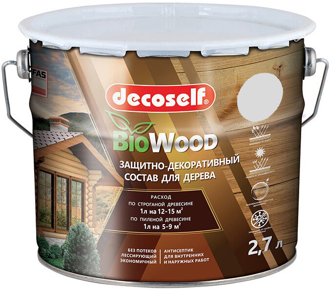 Декоселф декоративная пропитка по дереву бесцветная (2,7л) / DECOSELF Biowood защитно-декоративный антисептик для дерева бесцветный (2,7л)