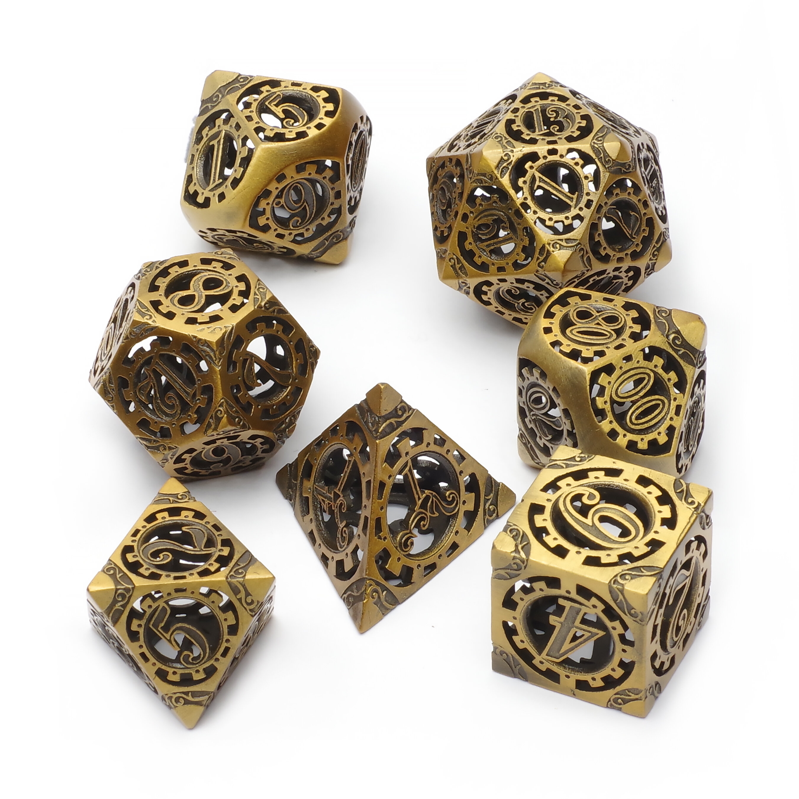 Набор фигурных металлических игральных костей (D4, D6, D8, D10-2, D12, D20) Stuff-pro (латунный)