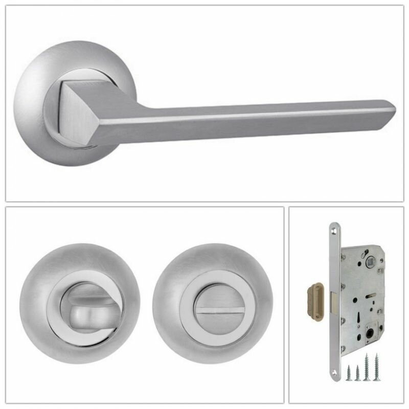 фото Комплект дверных ручек Punto BLADE_TL_SSC-16_UN, сатинированный хром (ручка + завертка WC + магнитный замок)