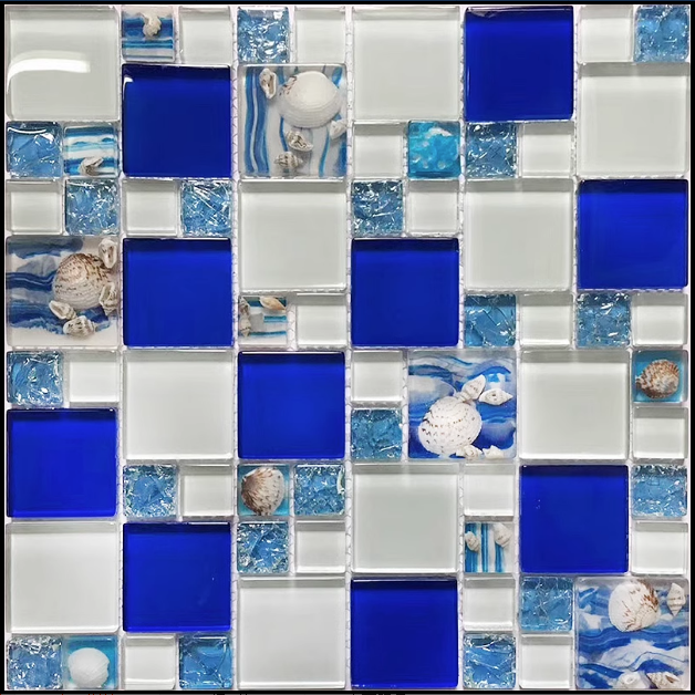 Мозаика стеклянная с натуральными раковинами в средиземноморском стиле (голубой крупные частицы К4832) - фотография № 4