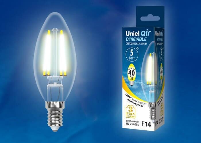 Uniel Лампа светодиодная филаментная (UL-00002860) Uniel E14 5W 3000K LED-C35-5W/WW/E14/CL/DIM GLA01TR