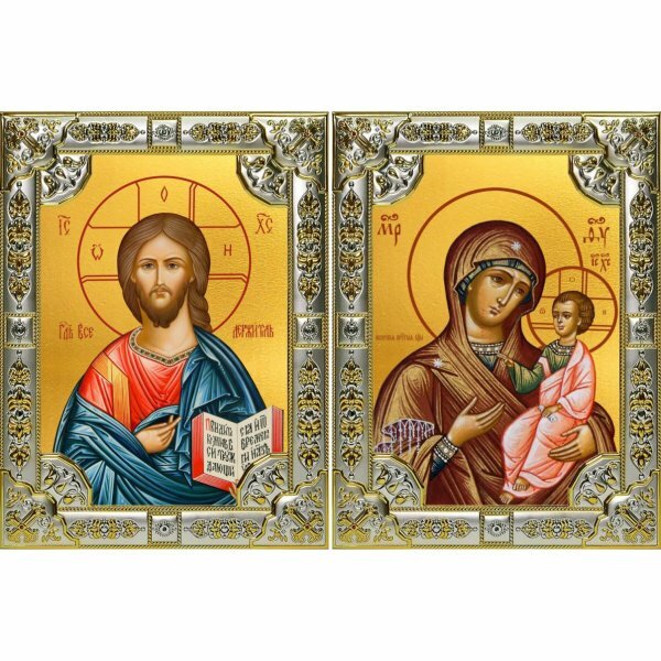 Венчальная пара икон Иверская и Господь Вседержитель, серебро 18 х 24 со стразами, арт вк-5661-3150