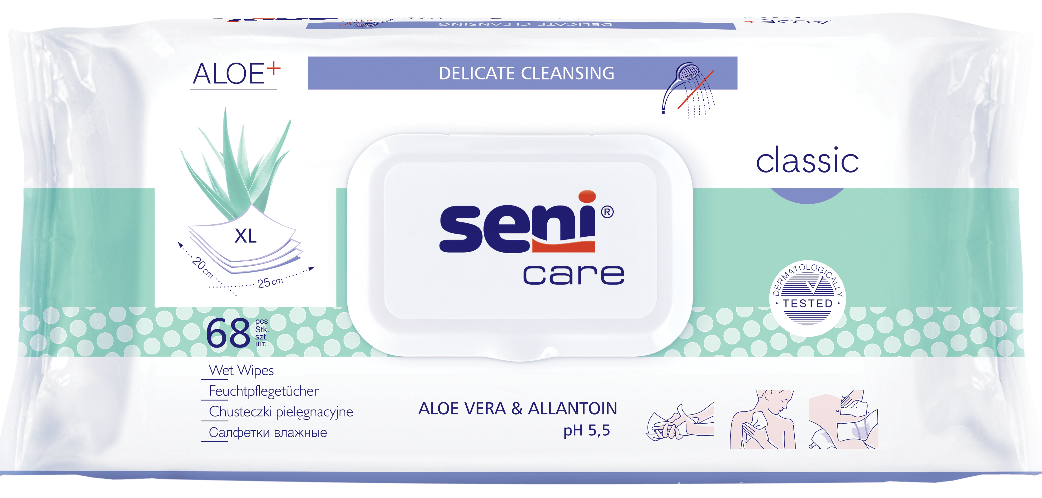 Seni Care Classic / Сени Кейр Классик - влажные салфетки с алоэ вера и аллантоином, 68 шт.