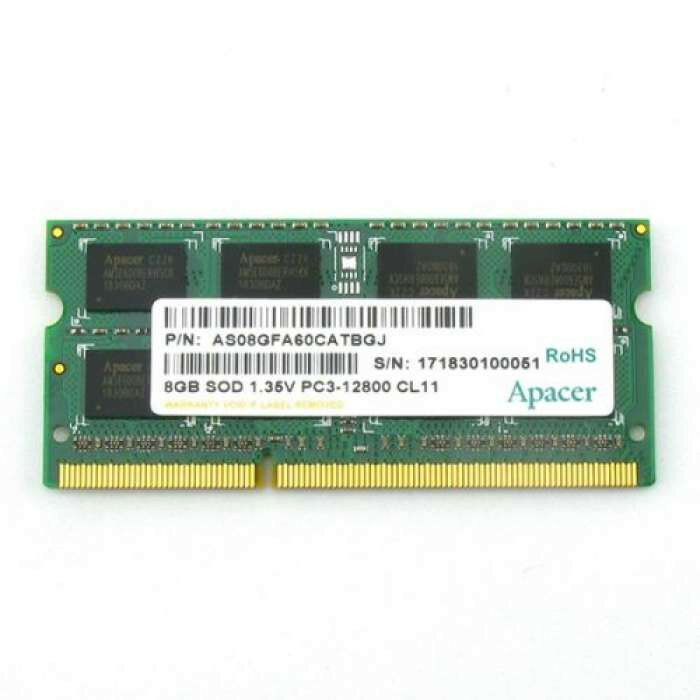 Оперативная память Apacer DDR3 8GB 1600MHz SO-DIMM (PC3-12800) CL11 1.35V (Retail) 512*8 3 years (AS08GFA60CATBGJ/DV.08G2K.KAM)