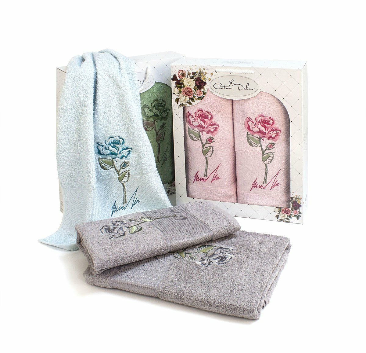 фото Комплект полотенец с вышивкой (50x90, 70x140) 1 роза Rose Gursan (синий), Комплект полотенец (50x90+70x140)