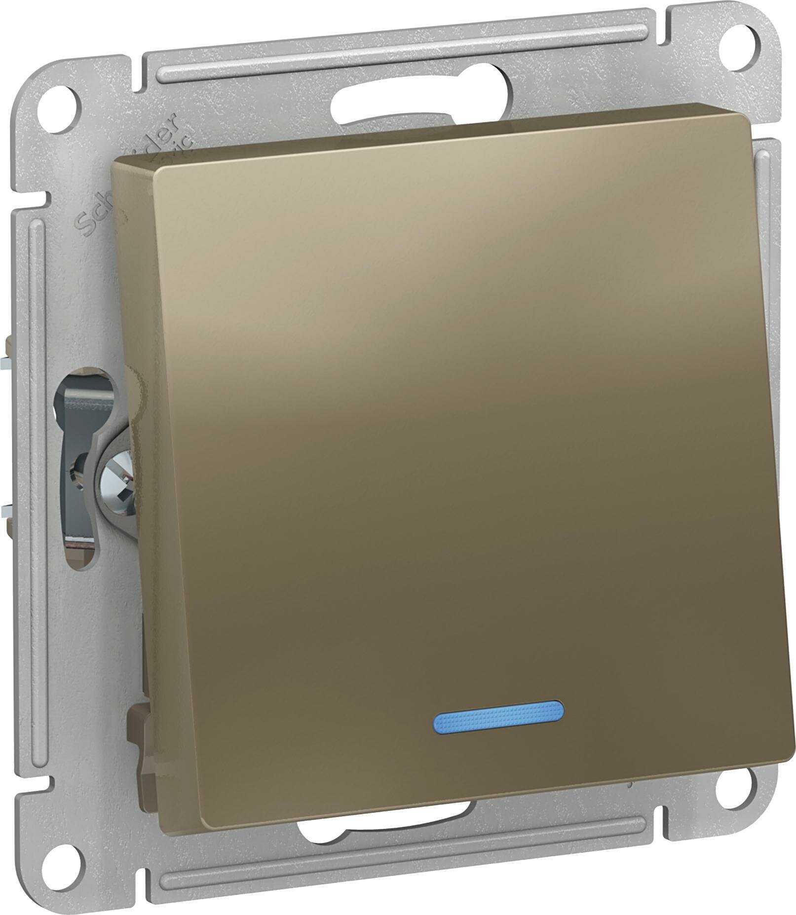 фото Механизм выключателя/переключателя проходного Schneider Electric AtlasDesign одноклавишный с подсветкой шампань