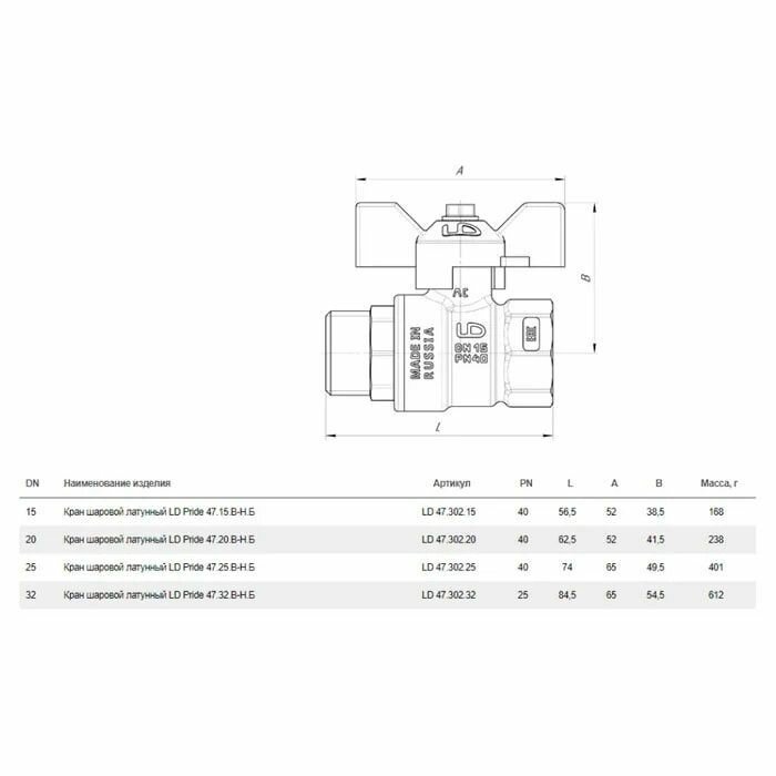 Кран шаровой LD Pride ВН-НР для воды Ду20 Ру40 бабочка - фотография № 2
