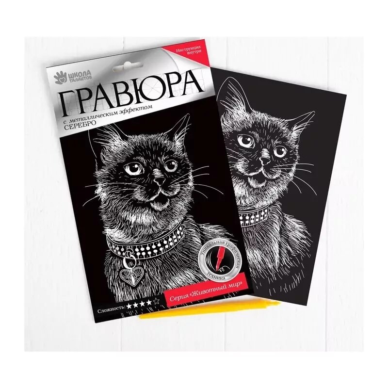 Гравюра "Сиамская кошка", металлический эффект "серебро", 15 х 21 см