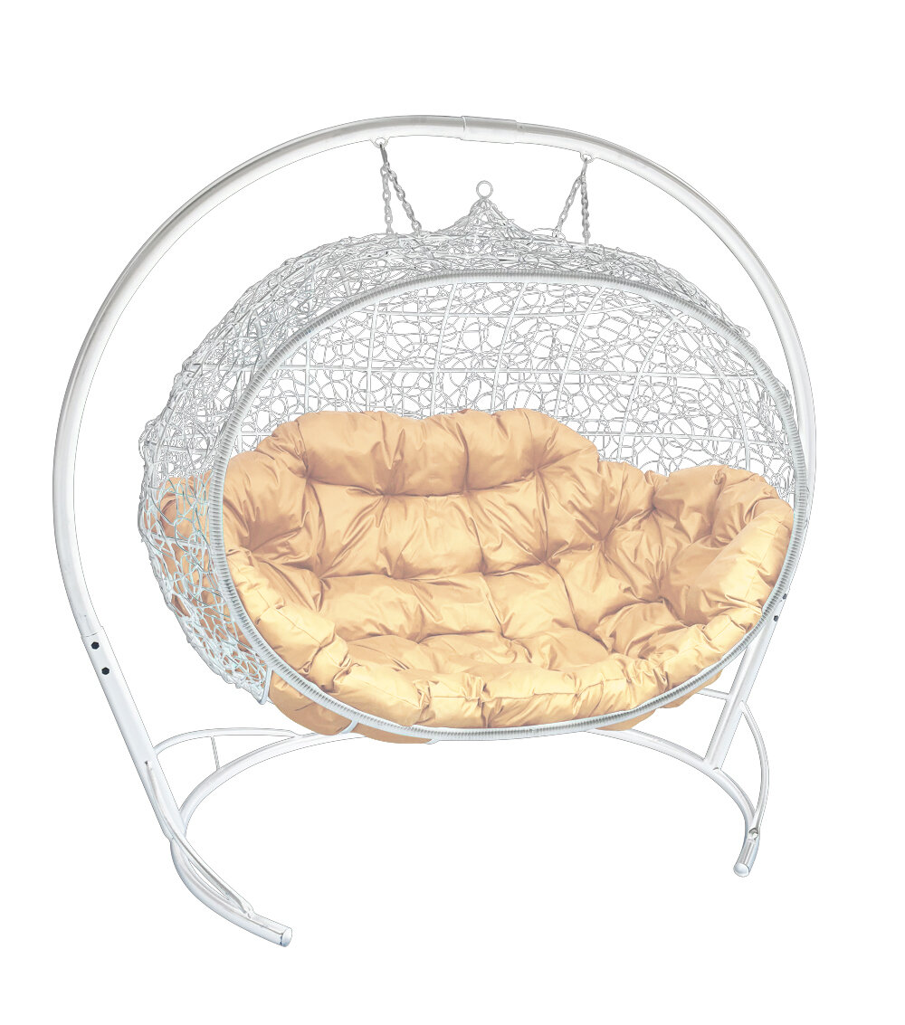 Кресло подвесное "Улей" с ротангом Белый / Бежевая подушка M-Group