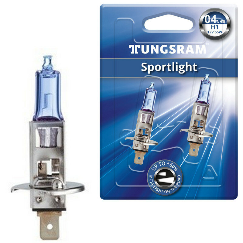 Лампы TUNGSRAM "Sportlight", H1, +50%, 12V, 55W, P14,5s, 3800K, комплект 2 шт., блистер