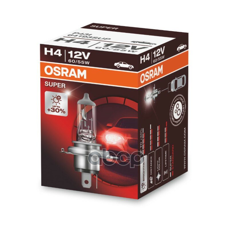 64193sup_лампа Super! 1шт. (H4) 12v 60/55w P43t На 30% Больше Света На Дороге Osram арт. 64193SUP