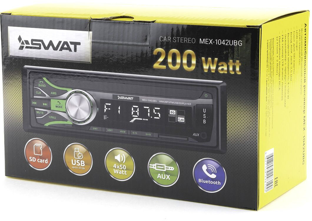 Автомагнитола SWAT MEX-1042UBG, 1 din, мощность 4x50Вт, Bluetooth, USB, SD, черная