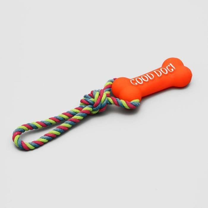 Пижон Игрушка резиновая "Кость" (14 см) с ручкой из каната для собак, до 37 см, микс цветов - фотография № 2