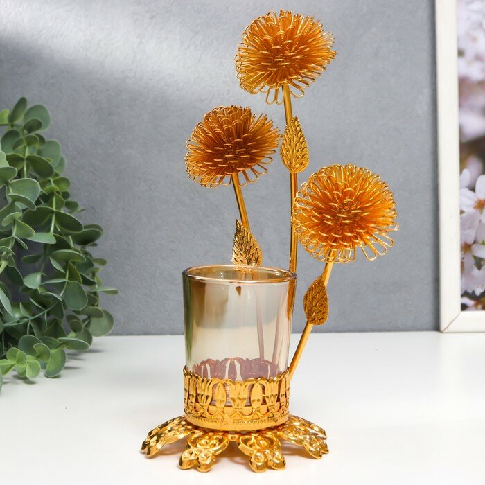 Подсвечник металл, стекло на 1 свечу "Золотые одуванчики" d-5 см 9,5х11х20 см - фотография № 3