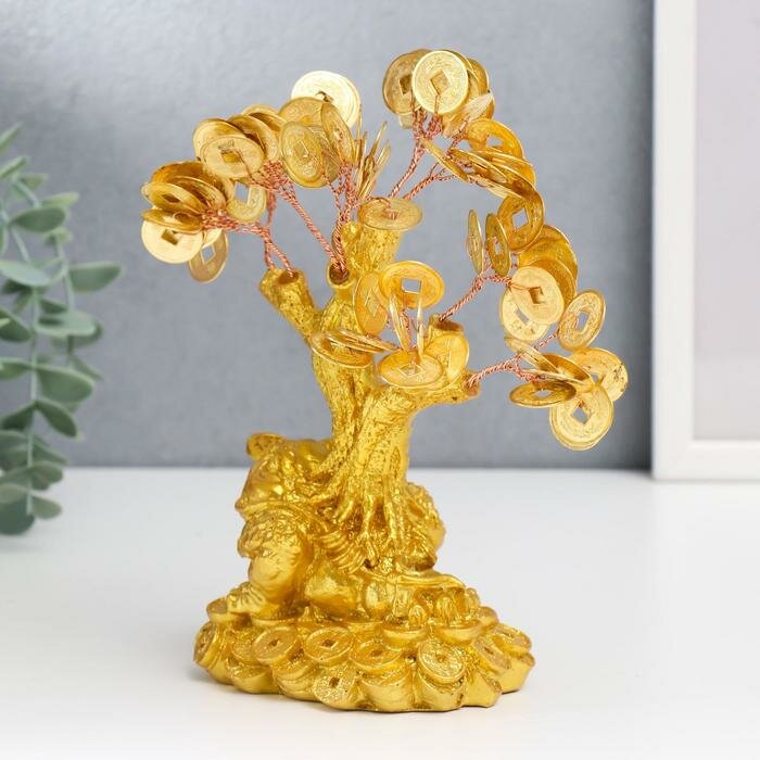 Бонсай денежное дерево "Золотая жаба на монетах" 90 монет 18,5х18х9,5 см - фотография № 3