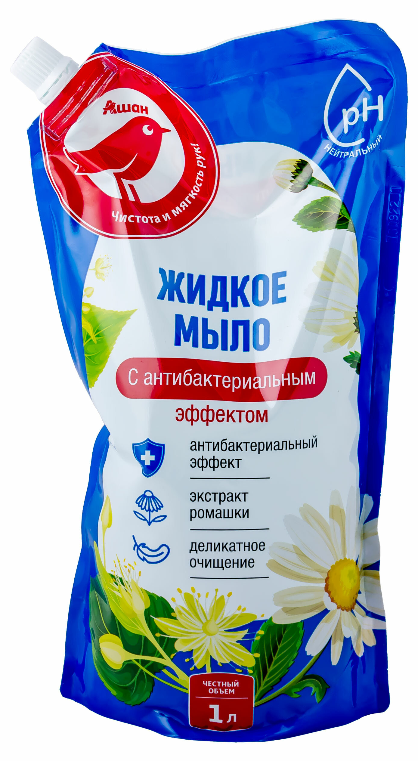 фото Мыло ашан Красная птица жидкое антибактериальное с ароматом ромашки, 1 л