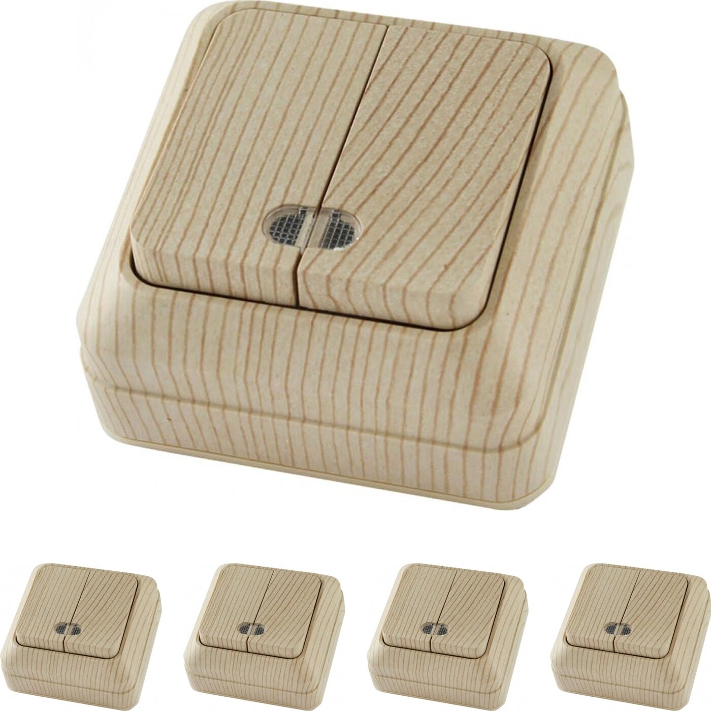 фото Выключатель TDM Electric Ладога двухклавишный с подсветкой сосна для открытой проводки (комплект из 4 шт.)