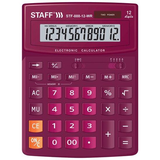Калькулятор настольный STAFF STF-888-12-WR (200х150 мм) 12 разрядов, двойное питание, бордовый