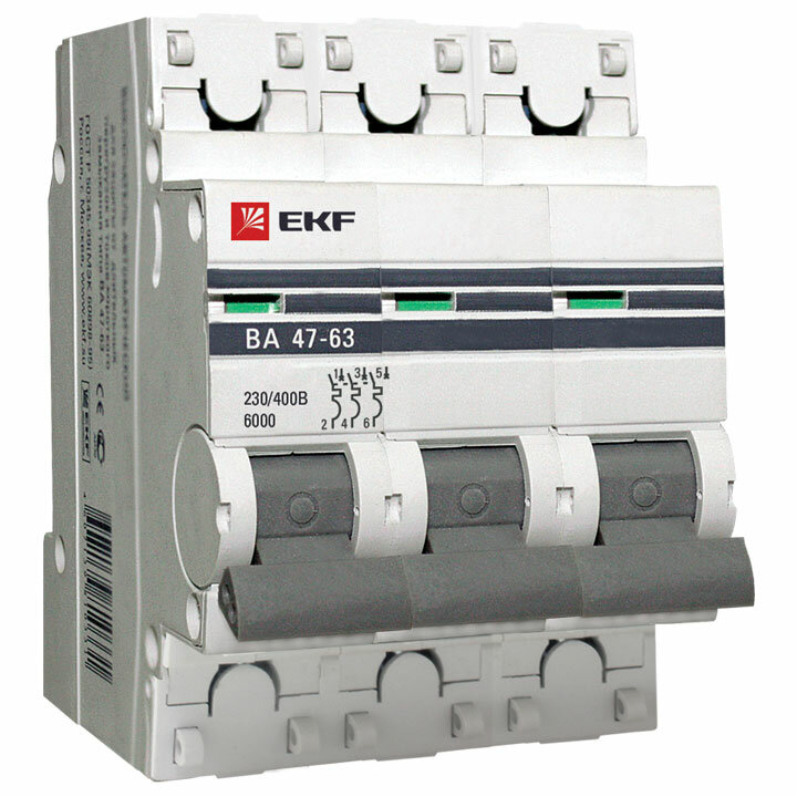 EKF Автоматический выключатель 3P 1,6А (C) 4,5kA ВА 47-63 PROxima mcb4763-3-1.6C-pro