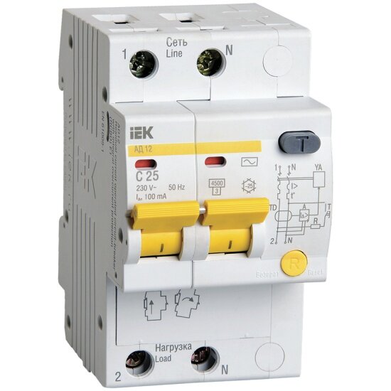 Дифференциальный автомат IEK 2п C 25А 100мА тип AC 4.5кА АД-12, MAD10-2-025-C-100
