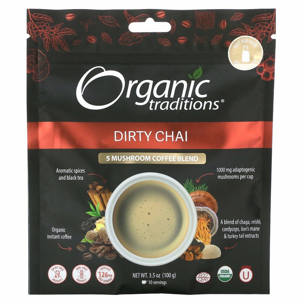 Organic Traditions, 5 Mushroom Coffee Blend, Dirty Chai, 3.5 oz (100 g) - фотография № 1