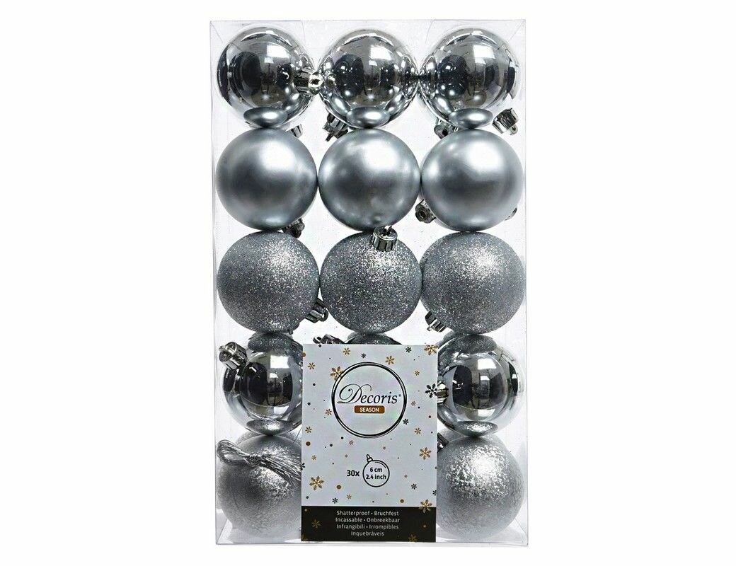 Набор пластиковых шаров серебряная коллекция (глянцевые матовые глиттер матовый антик) 60 мм упаковка 30 шт Kaemin