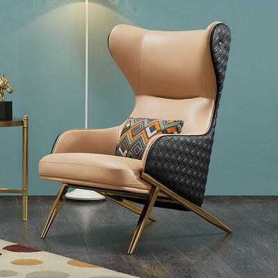Кресло с высокой спинкой на металлическом каркасе для современной гостиной (черный + хаки, желтое золото ножки) - фотография № 1