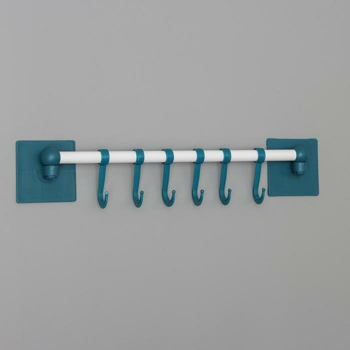 Держатель для полотенец на липучках, 6 подвижных крючков, 36×6,5×2 см, цвет микс - фотография № 4