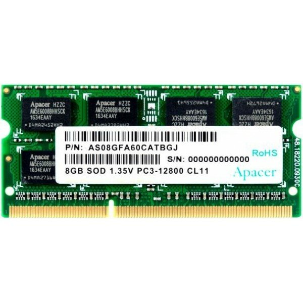 Модуль памяти Apacer SO-DIMM DDR3 8Gb (pc-12800) 1600MHz 1,35V Apacer Retail AS08GFA60CATBGJ/DV.08G2K.KAM