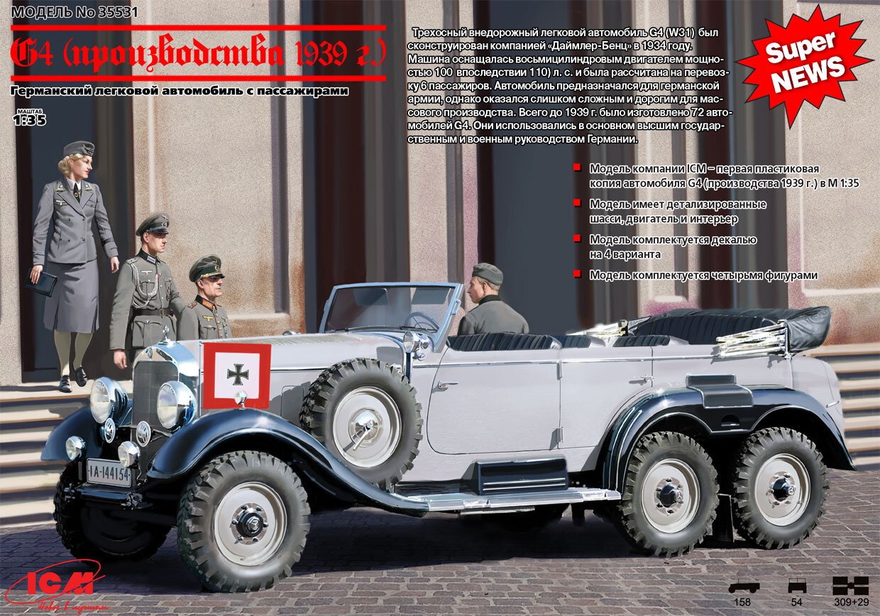 ICM Сборная модель G4 (1939 г.) с пассажирами, Германский легковой автомобиль, 1/35