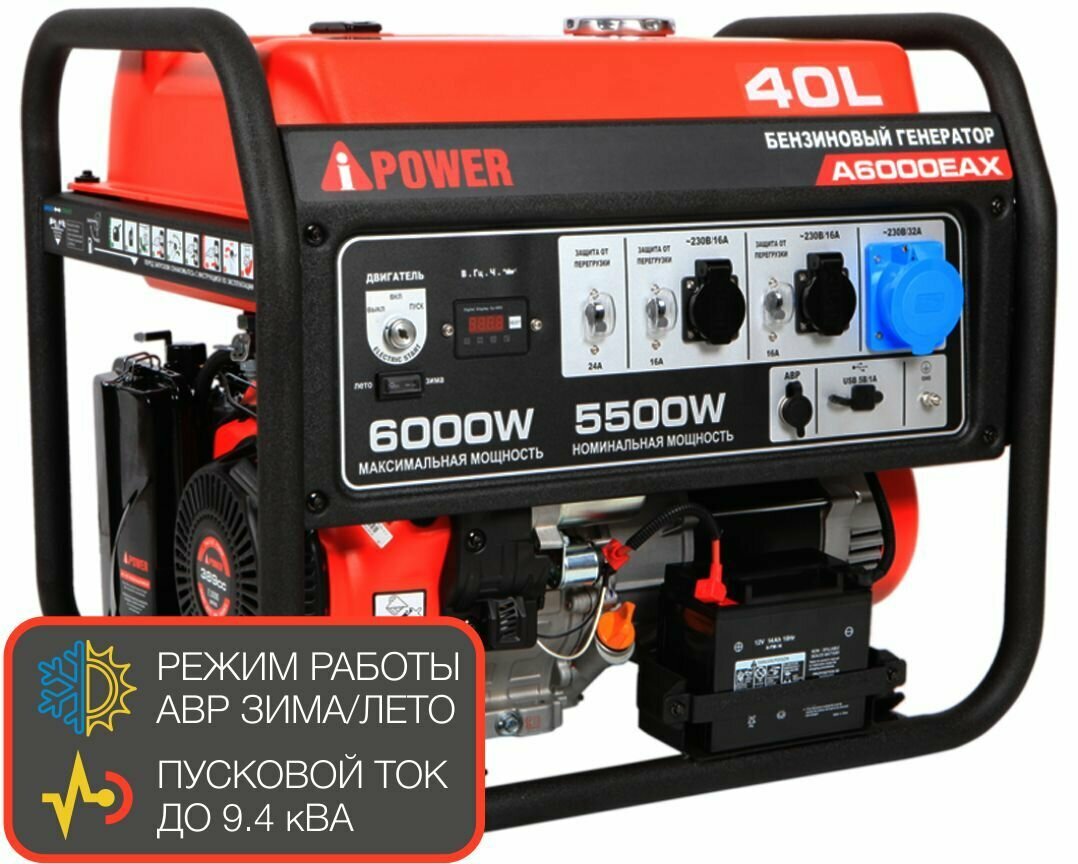 Генератор бензиновый A-iPower A6000EAX (6 кВт/230В) электрозапуск, выдерживает 9.4 кВА пусковой мощности. Генератор для дома - фотография № 7