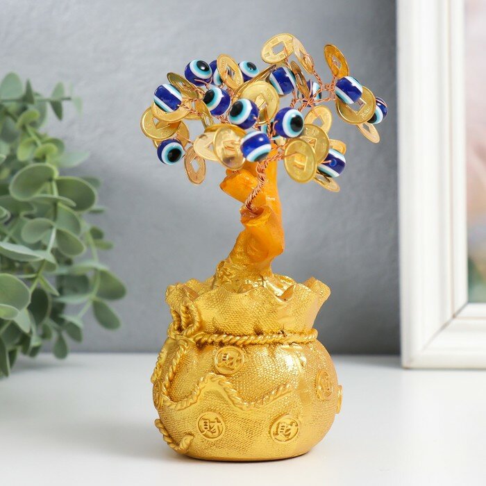 Сувенир бонсай "Денежное дерево в золотом мешке" 16 глазиков, 32 монеты 15х6,5х6 см - фотография № 4