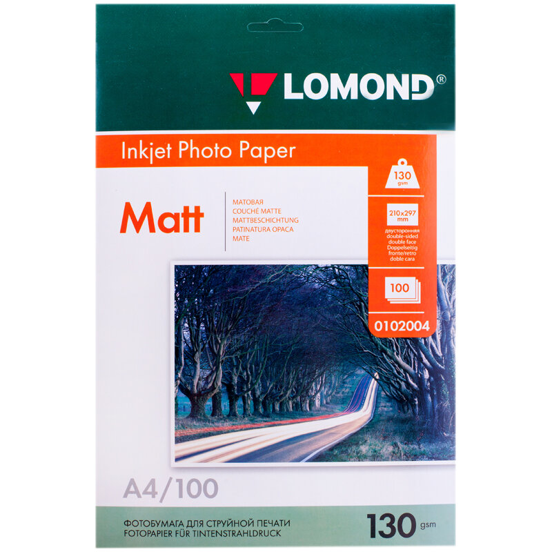 Бумага А4 для стр. принтеров Lomond, 130г/м2 (100л) мат. дв.