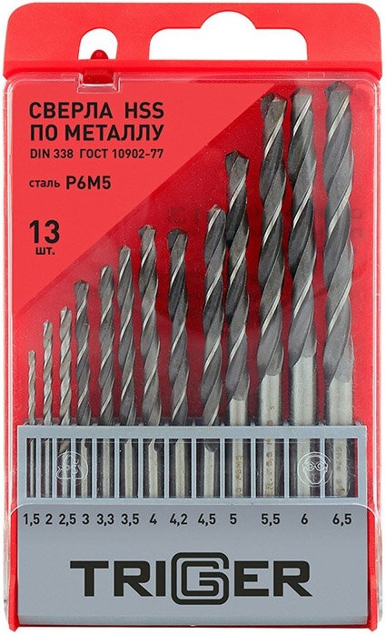 Триггер 74341 Набор сверл по металлу P6M5 1,5-6,5мм (13шт) / TRIGGER 74341 Набор сверл по металлу P6M5 1,5-6,5мм (упак. 13шт)