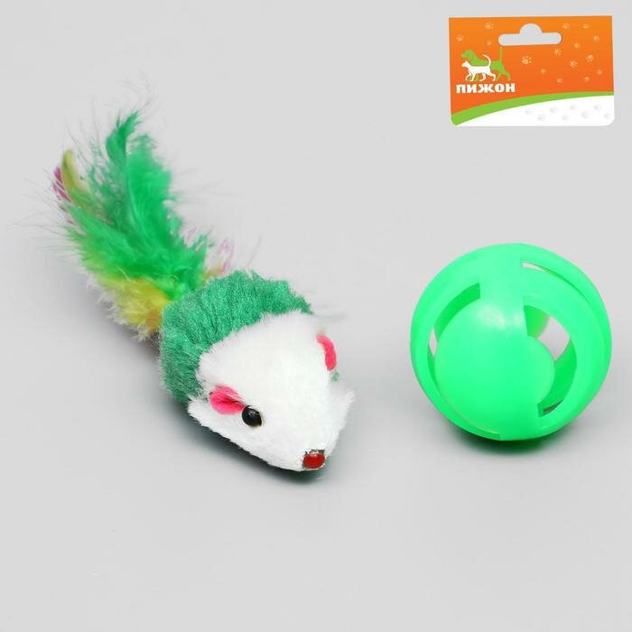 Пижон Набор игрушек для кошек: мышь 5 см и шарик с бубенчиком 3,8 см, микс цветов - фотография № 1
