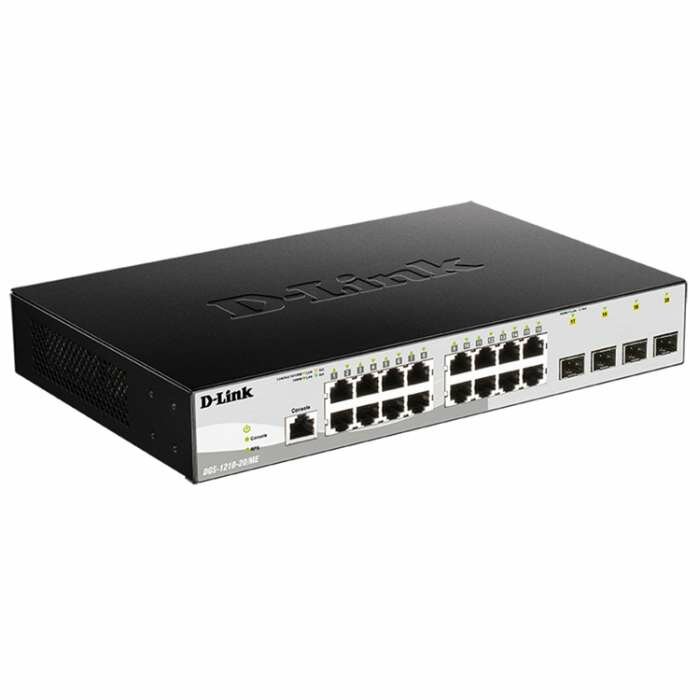 Коммутатор D-Link DGS-1210-20/ME/B1A, L2 Managed Switch with 16 10/100/1000Base-T ports and 4 1000Base-X SFP ports.16K Mac address, 802.3x Flow Control, 4K of 802.1Q VLAN, 802.1p Priority Queues, Traffic Segme