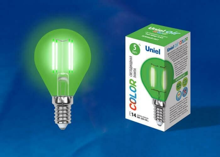 Uniel Лампа светодиодная филаментная (UL-00002987) Uniel E14 5W зеленый LED-G45-5W/GREEN/E14 GLA02GR