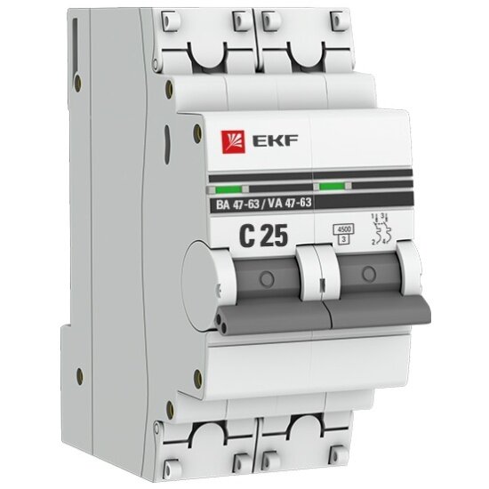 Автоматический выключатель EKF 2п C 25А 4.5кА ВА 47-63 PROxima, mcb4763-2-25C-pro