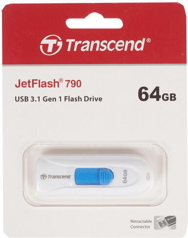 Флешка 64 Гб Transcend JetFlash 790 (TS64GJF790W) USB 3.0 Type A, бело-синяя