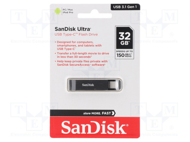 Флеш накопитель 32GB SanDisk CZ460 Ultra Type-C SDCZ460-032G-G46, USB Type-C, Black