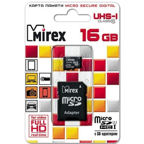 Карта памяти microSDHC Mirex 16 Гб класс 10 UHS-I - с адаптером SD