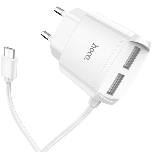 Сетевой адаптер питания Hoco C59A White зарядка 2.4А 2 USB-порта + кабель USB-C, белый